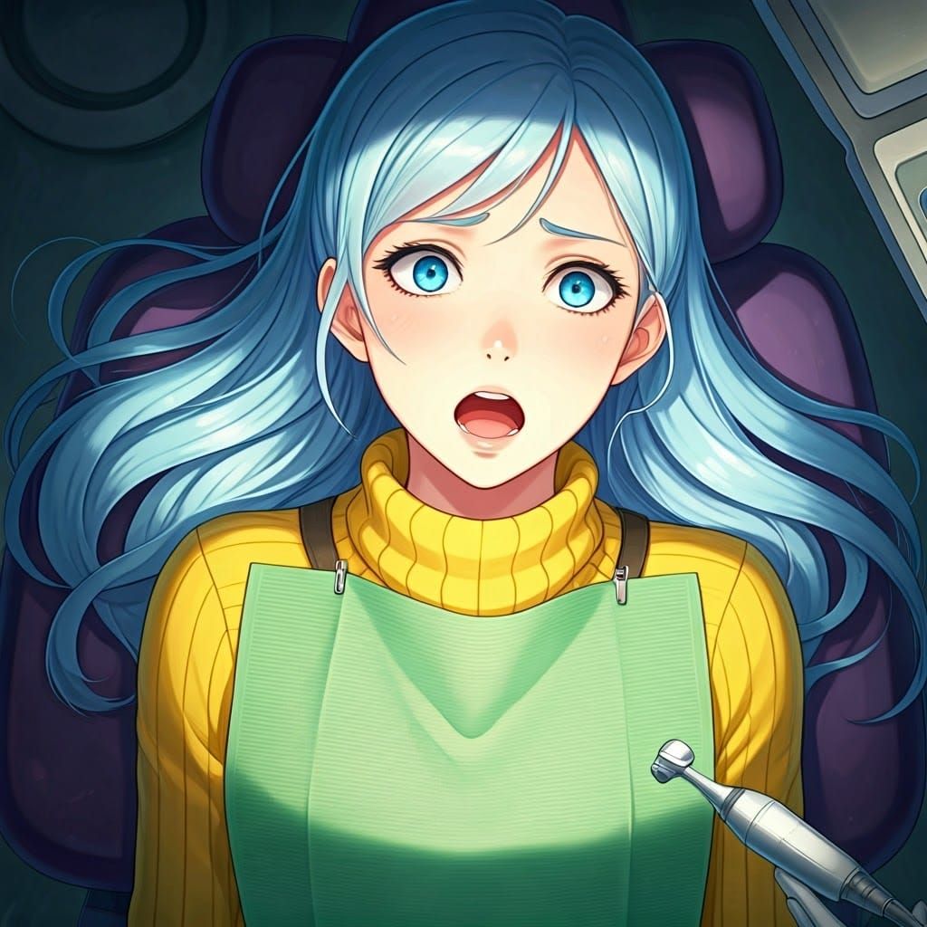 Frightened Woman at Dentist in Anime Key Visual Style