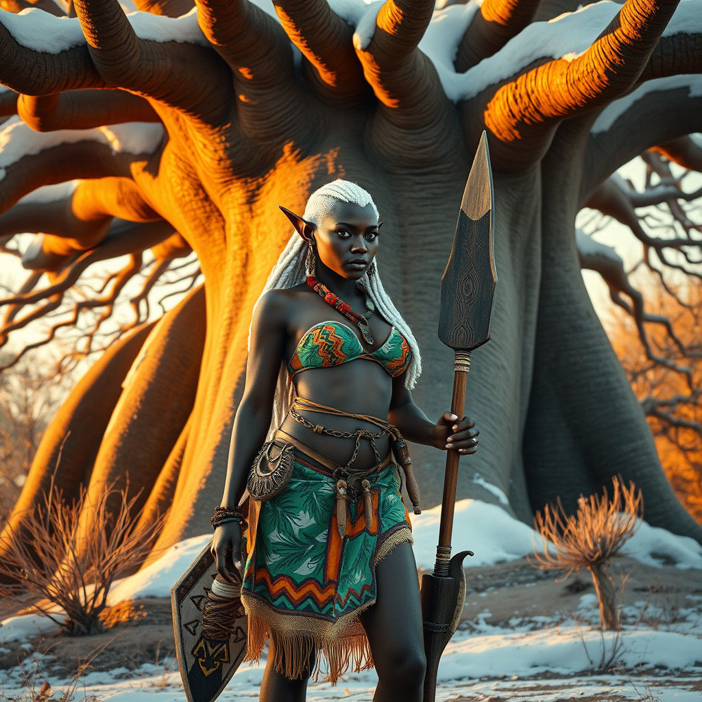 African Elf in Snowy Savannah, Matte Painting Style