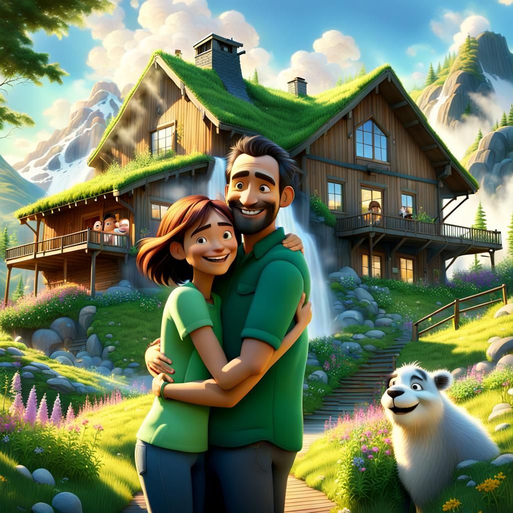 Happy Family in Mountain Home, Pixar-style Animation