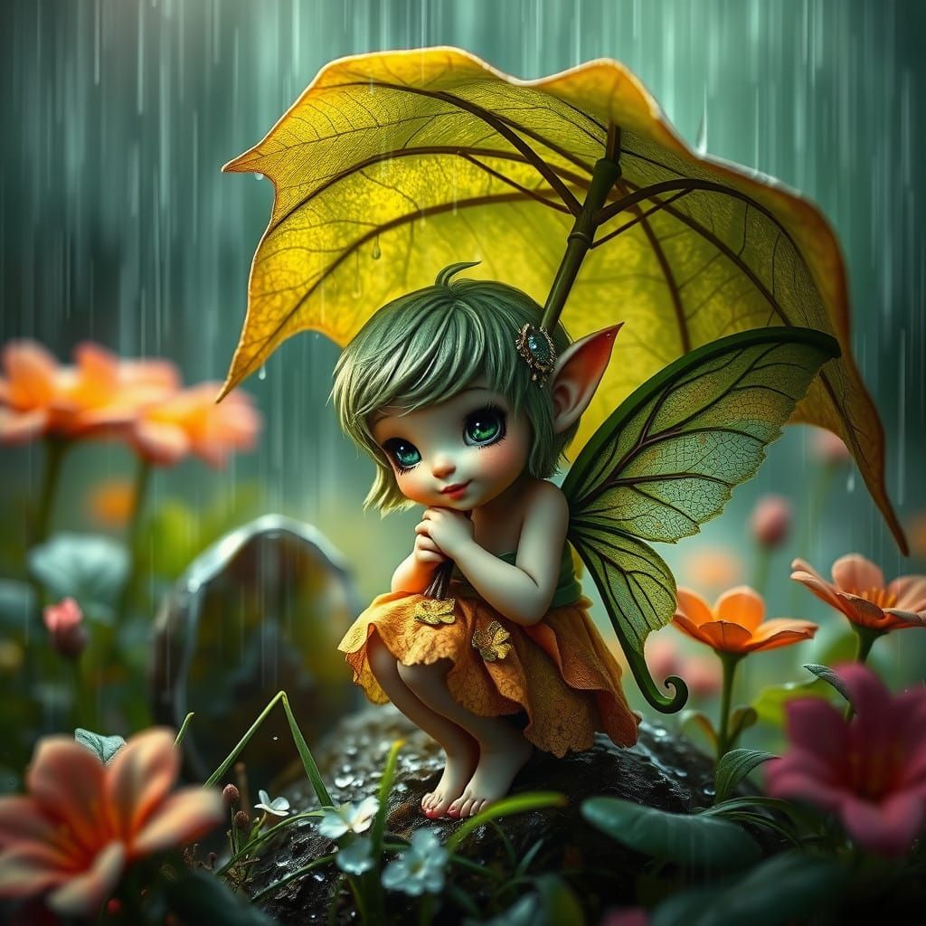 Surreal Garden Fairy Soaks in Rainy Delight with Leafy Paras...