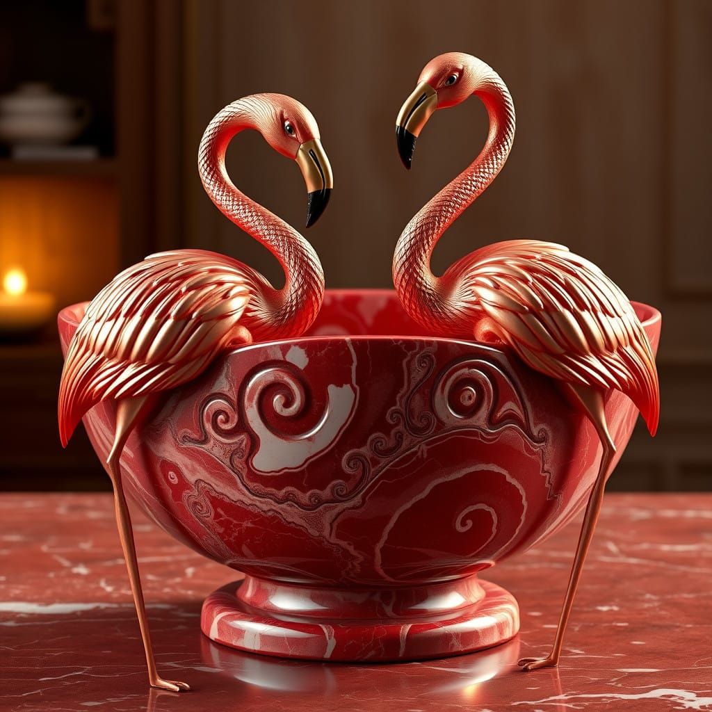 Red Marble Bowl with Rose Gold Flamingos in a Masterful Blen...