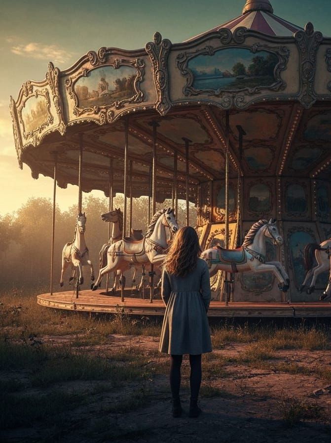 Girl by Abandoned Carousel at Sunset, Old Masters Style