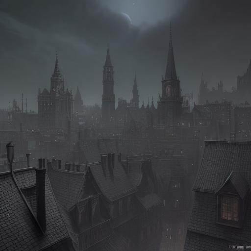 Dark Rooftops of Yharnam Cityscape