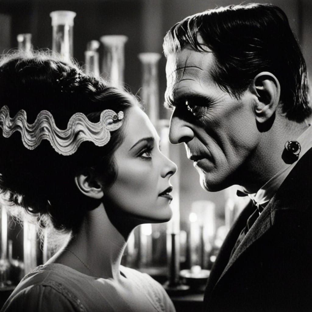 Frankenstein and His Bride in Moody Laboratory Encounter