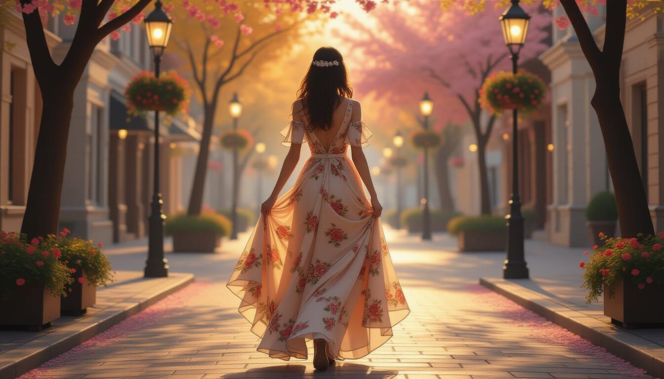 Woman in Floral Dress on Spring Street at Dusk