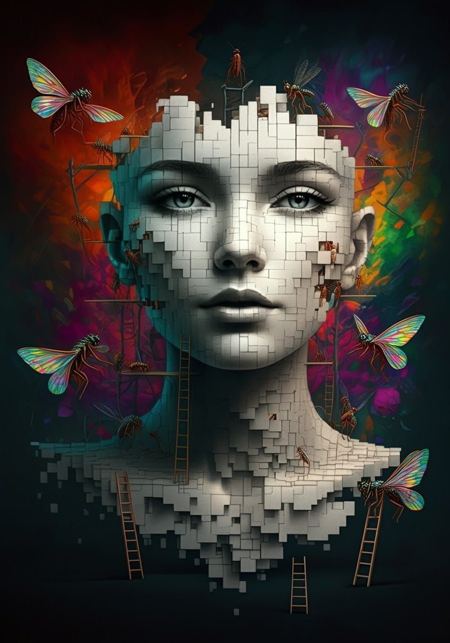 Grayscale Goddess Amidst Vibrant Cubist Background