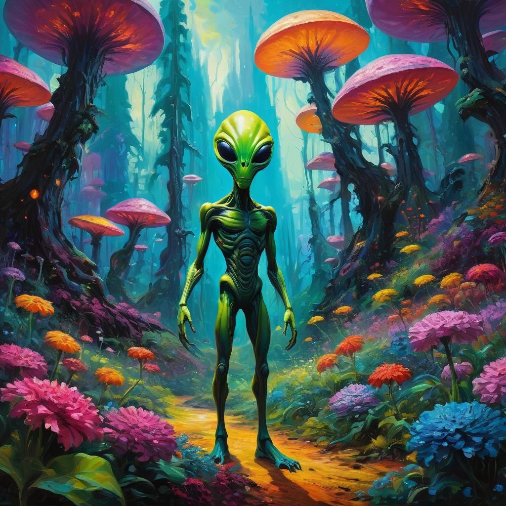 Alien Forest with Giant Flowers in Expressionist Style