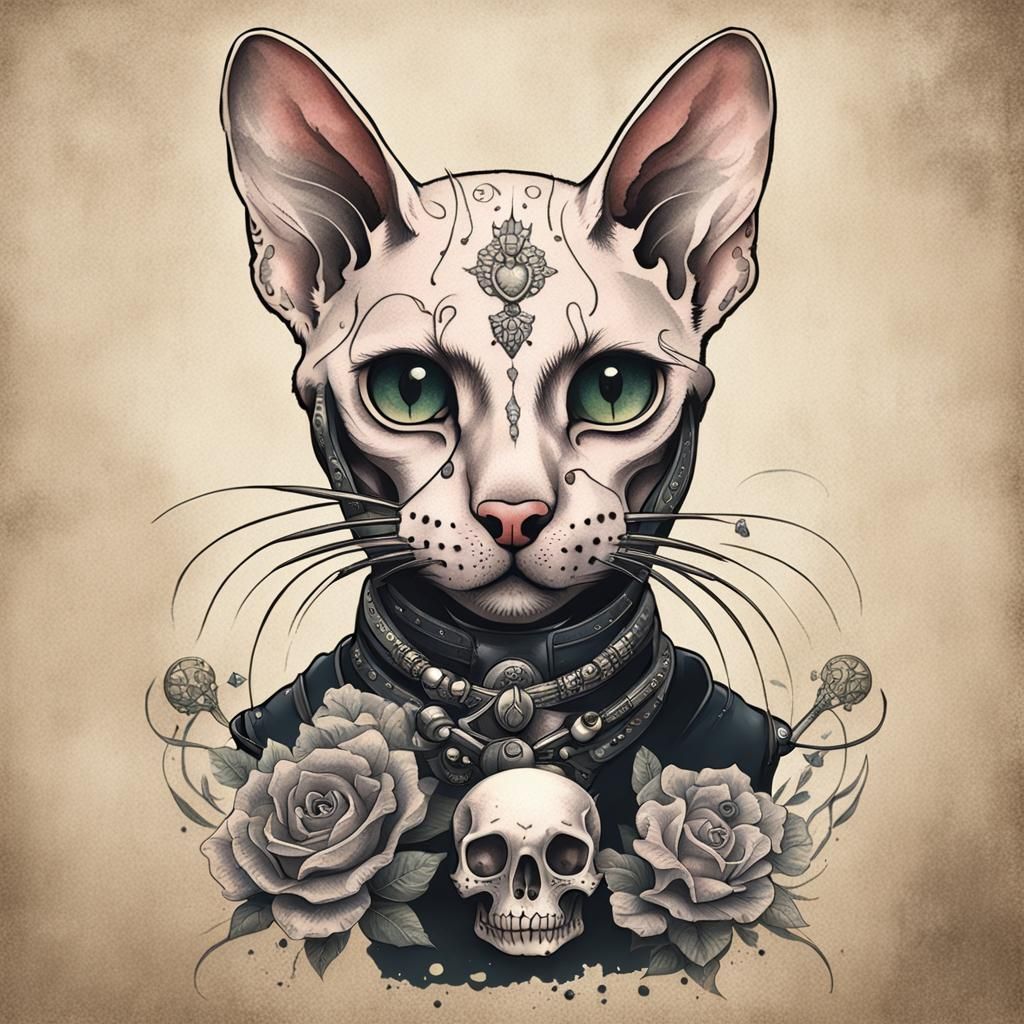 Hairless Cat with Mohawk and Mouse Skull Tattoo