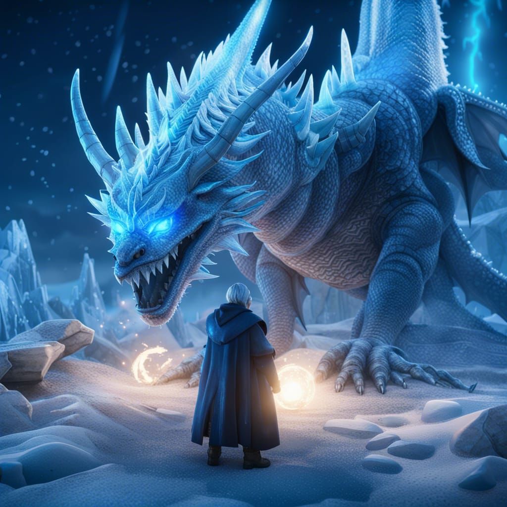 Mage Heals Dragon in Frozen Wasteland Scene
