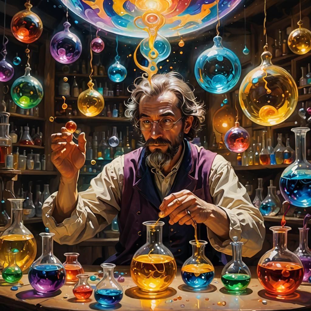 Alchemist Transforming Emotions in Vibrant Oil Painting