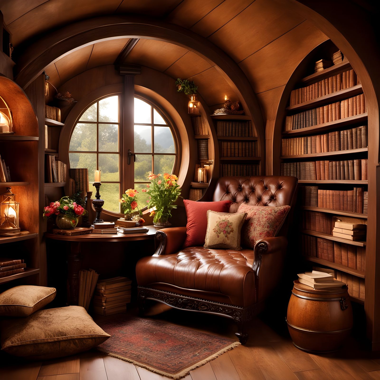 Cozy Hobbit Hole Reading Nook with Books and Tea