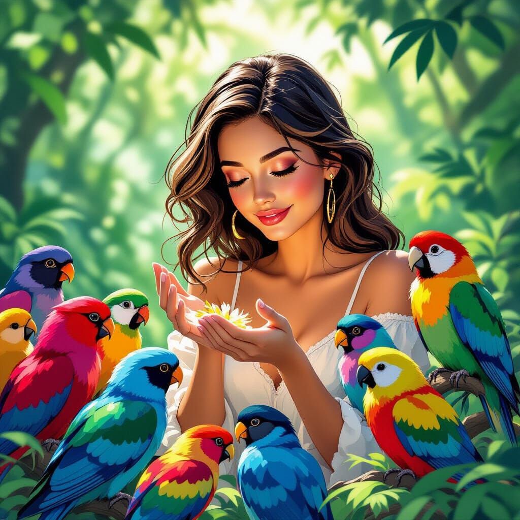 Kind Woman Befriends Exotic Birds in Lush Forest