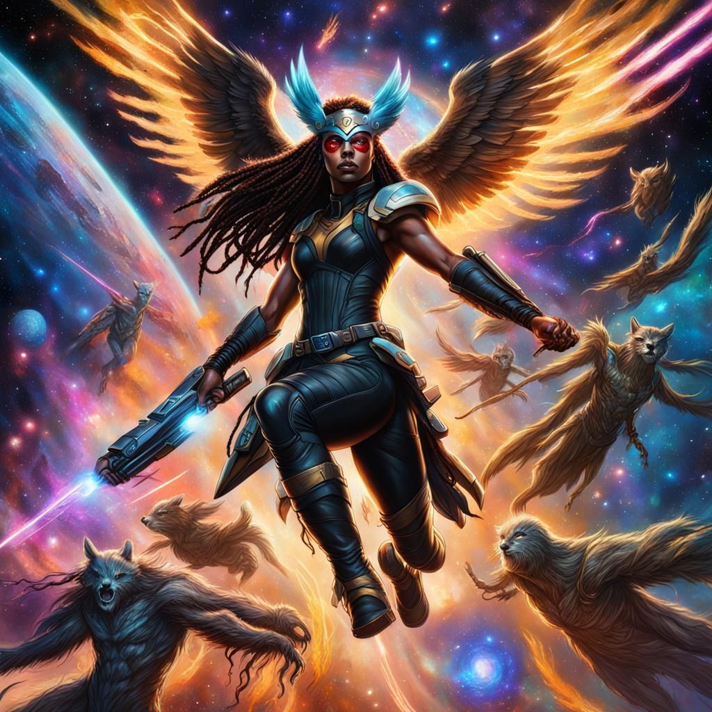 Hawkgirl's Epic Space Battle: Astral Cosmic Illustration