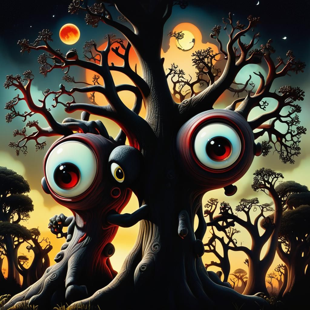 Eerie Monsters with Chibi Eyes in a Surreal Style
