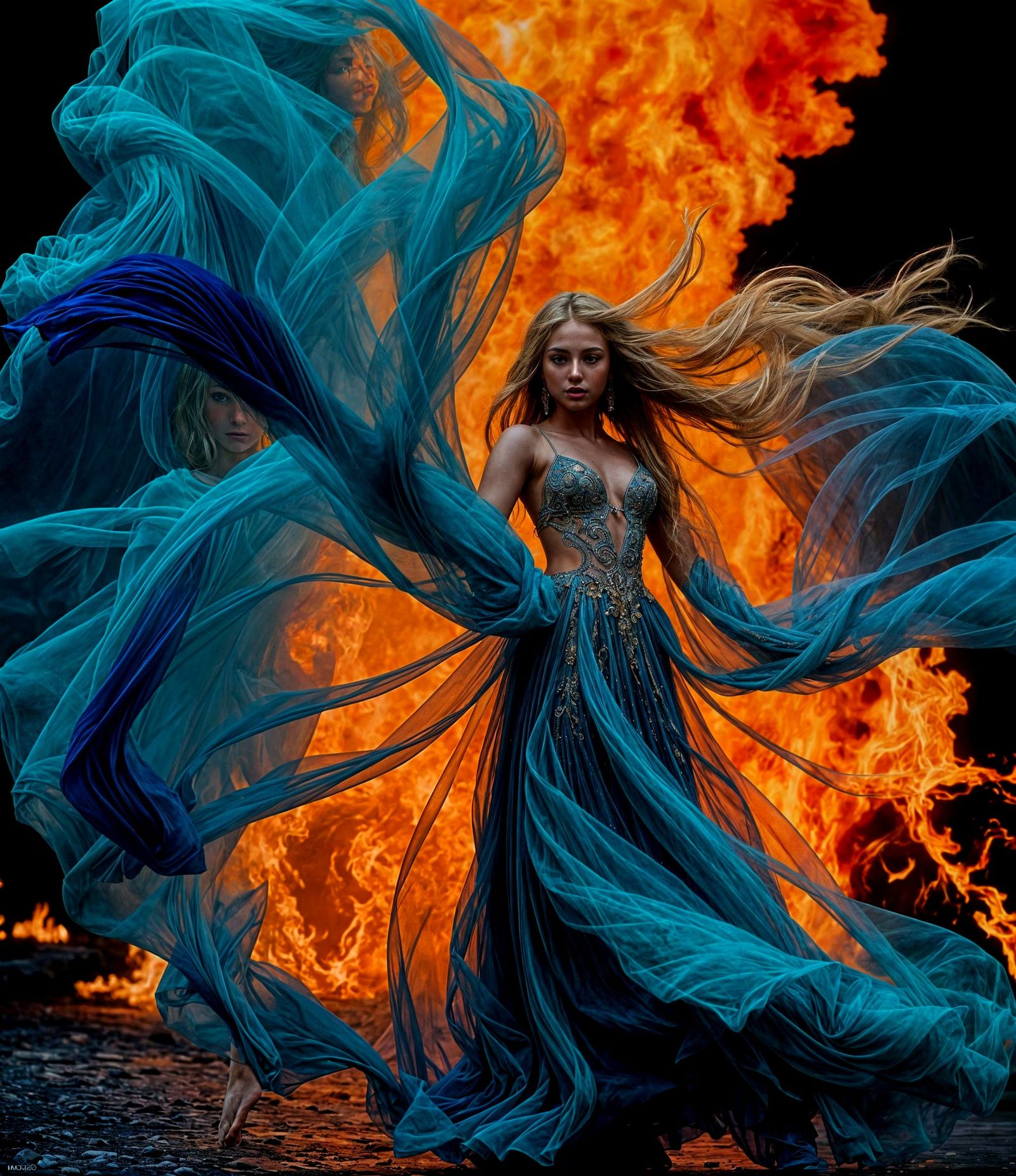 Woman Dancing in Diaphanous Gown Before Wall of Fire
