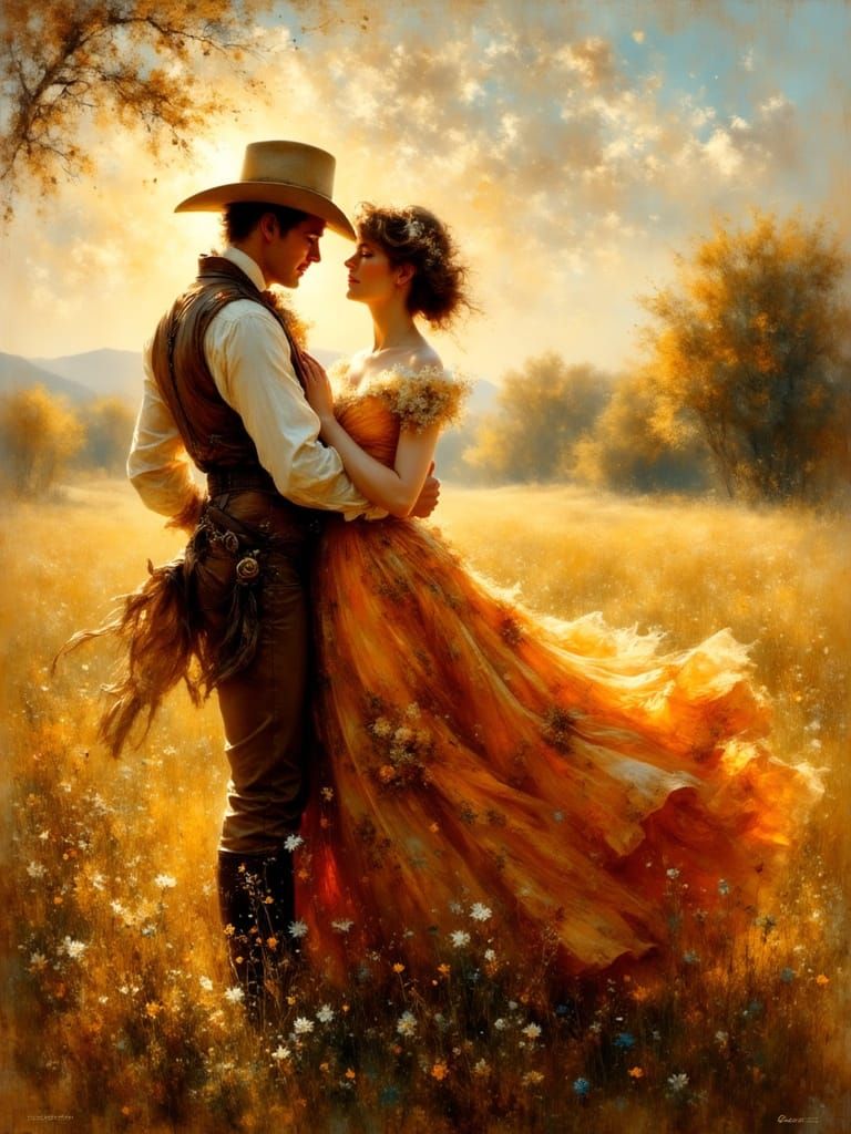 Victorian Lady and Cowboy Dance in Meadow