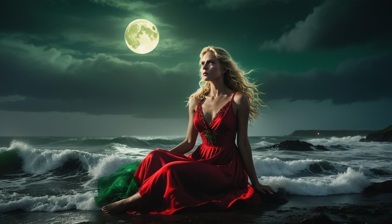 Blonde Woman in Red Dress Under Green Moon
