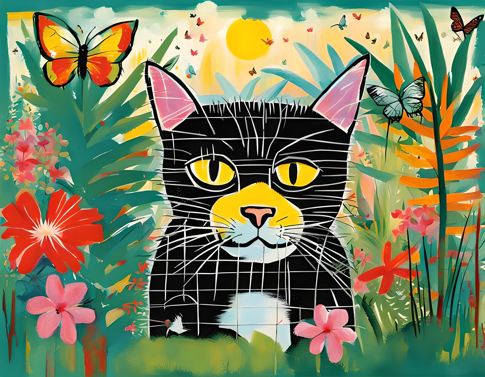 Cat in Jungle: Neo-Expressionist Art