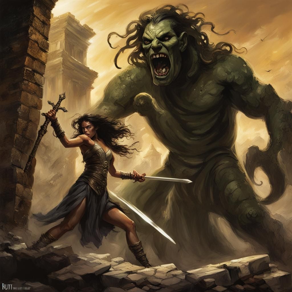 Swordsman Battles Gorgon in Ancient Ruins