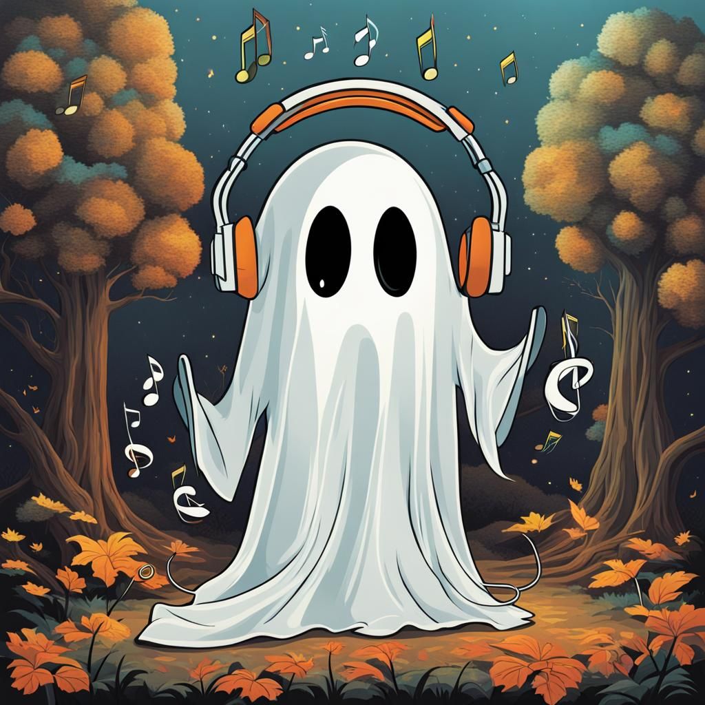 Cartoon Sheet Ghost Listens to Music
