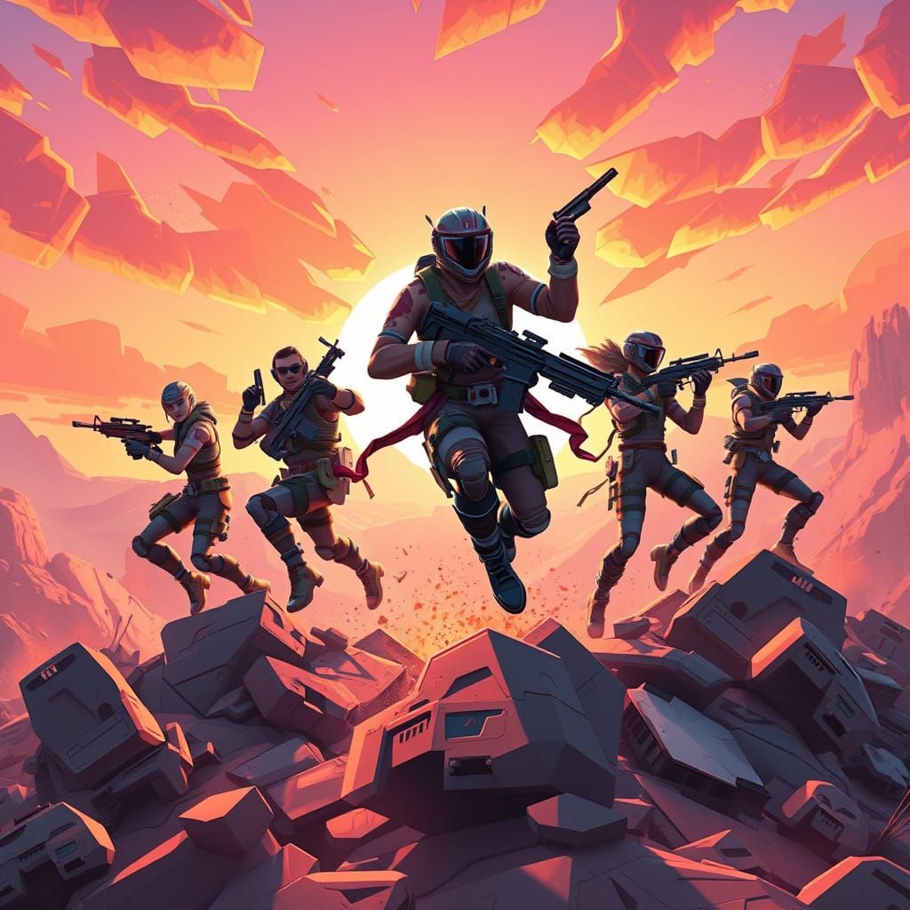 Vibrant Fortnite Battle Royale Scene in Cyberpunk Style
