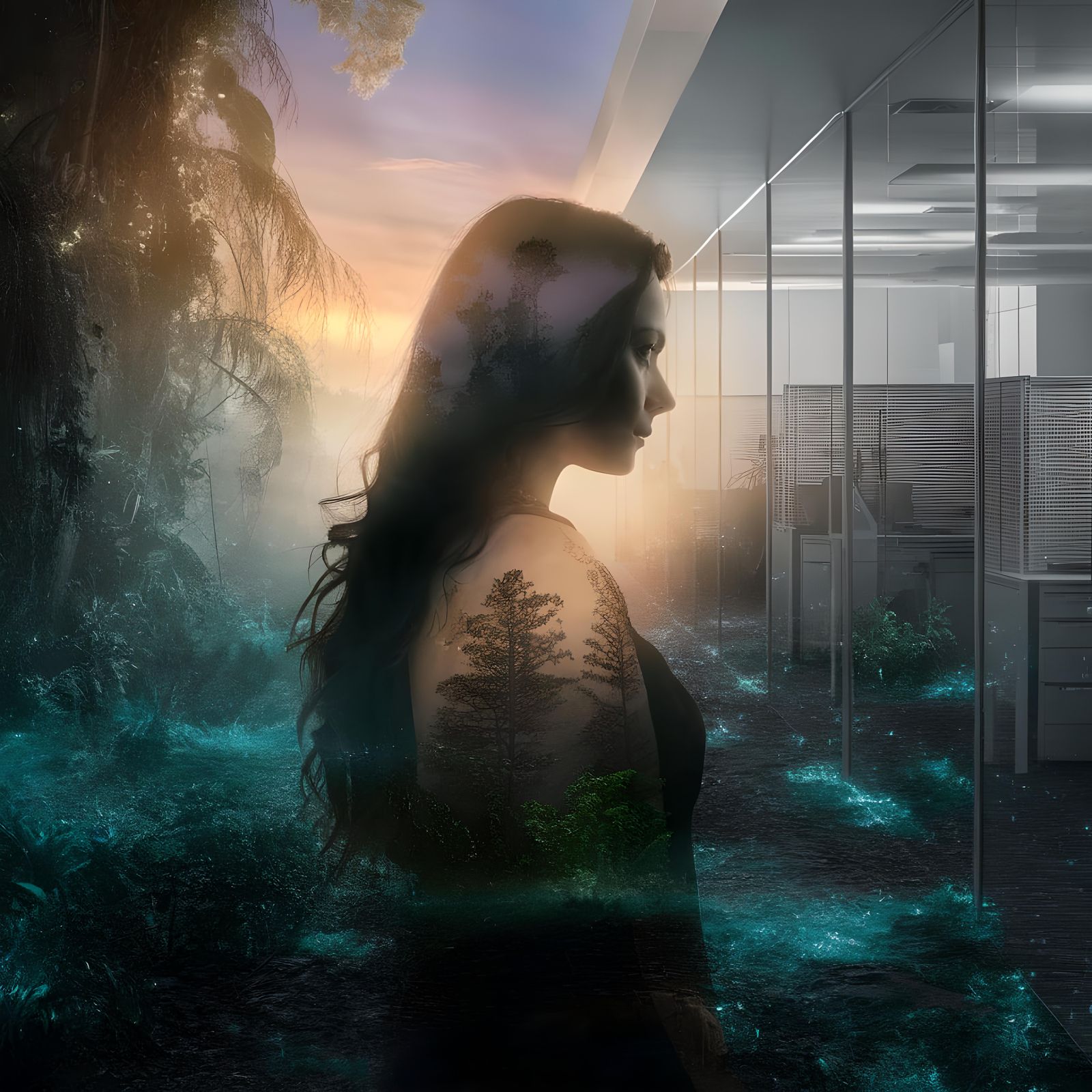 Double Exposure: Forest Woman in Office