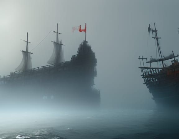 Ghost Pirate Ship Sailing Through Dark Fog