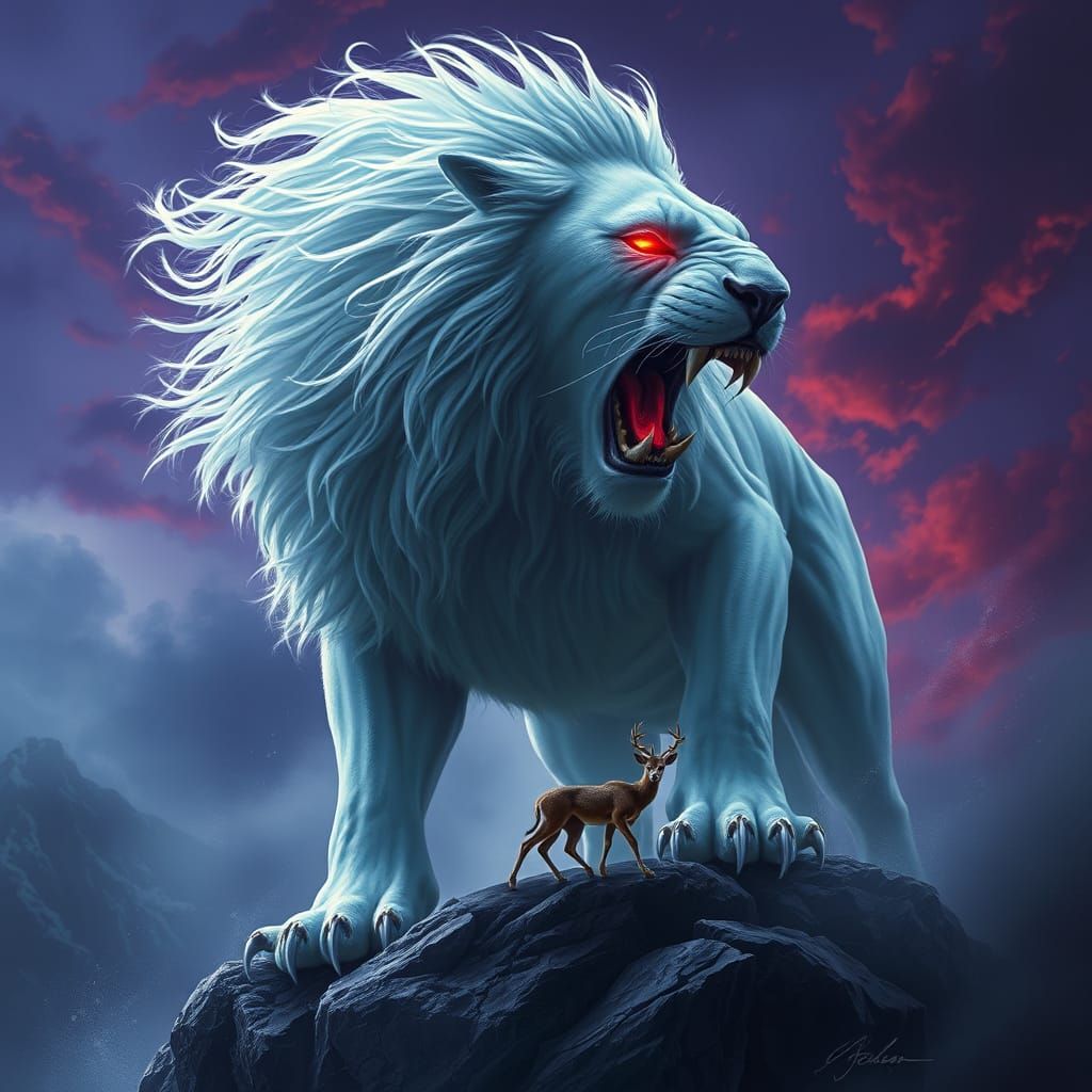 A massive, ghostly white lion