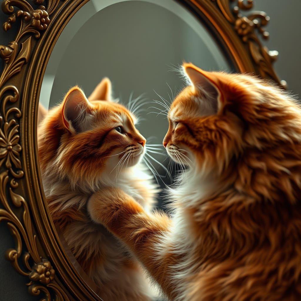 Regal Red Cat Gazing Longingly at Antique Mirror