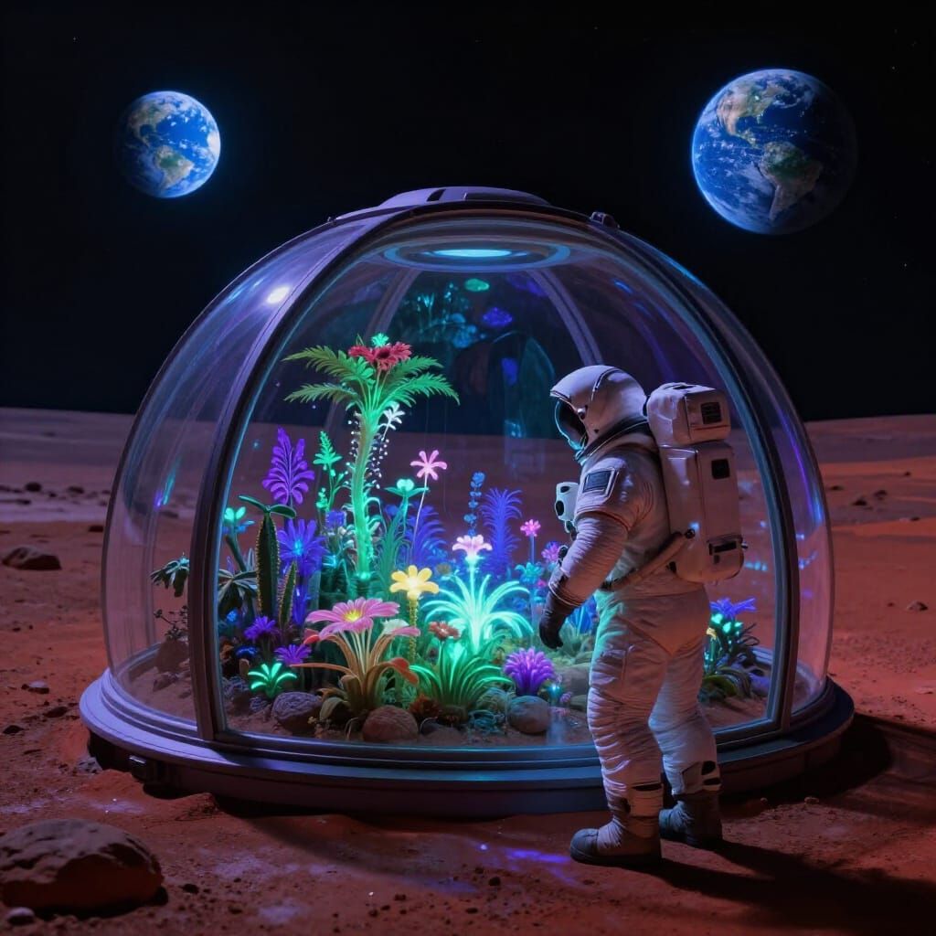 Astronaut Tends Bioluminescent Garden on Mars