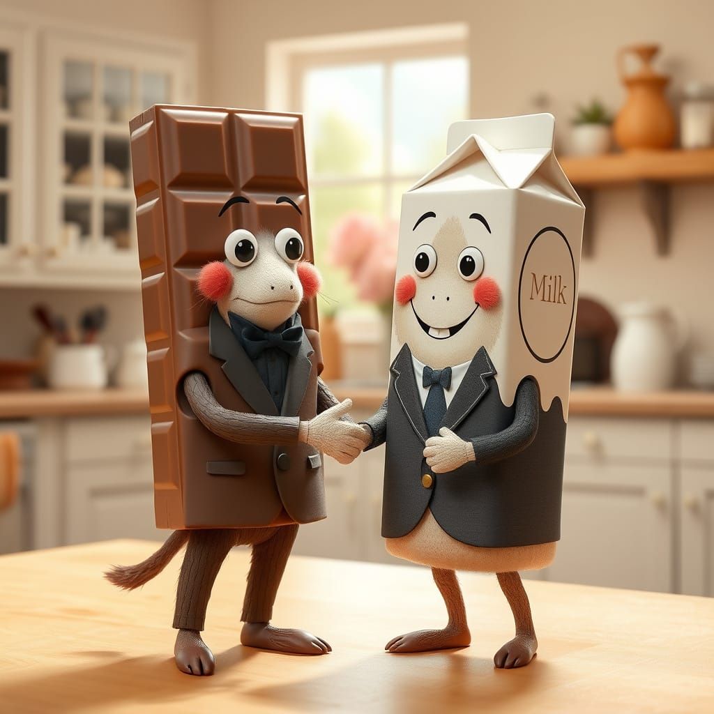 Chocolate Bar and Milkshake Handshake, Storybook Illustratio...