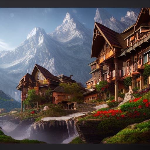 Fantastical Mountain Resort in Detailed Matte Painting
