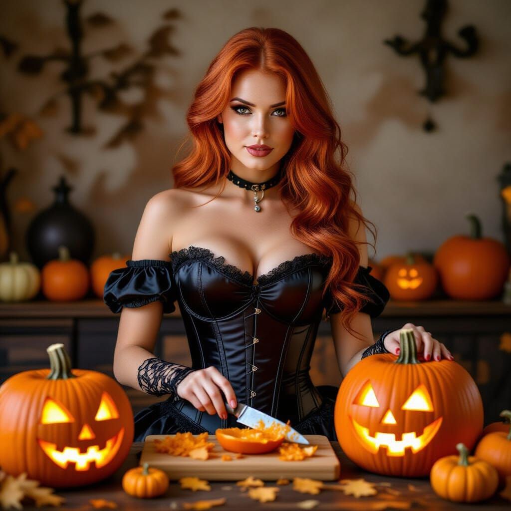 Pretty Red Haired Woman Carving Halloween Pumpkins