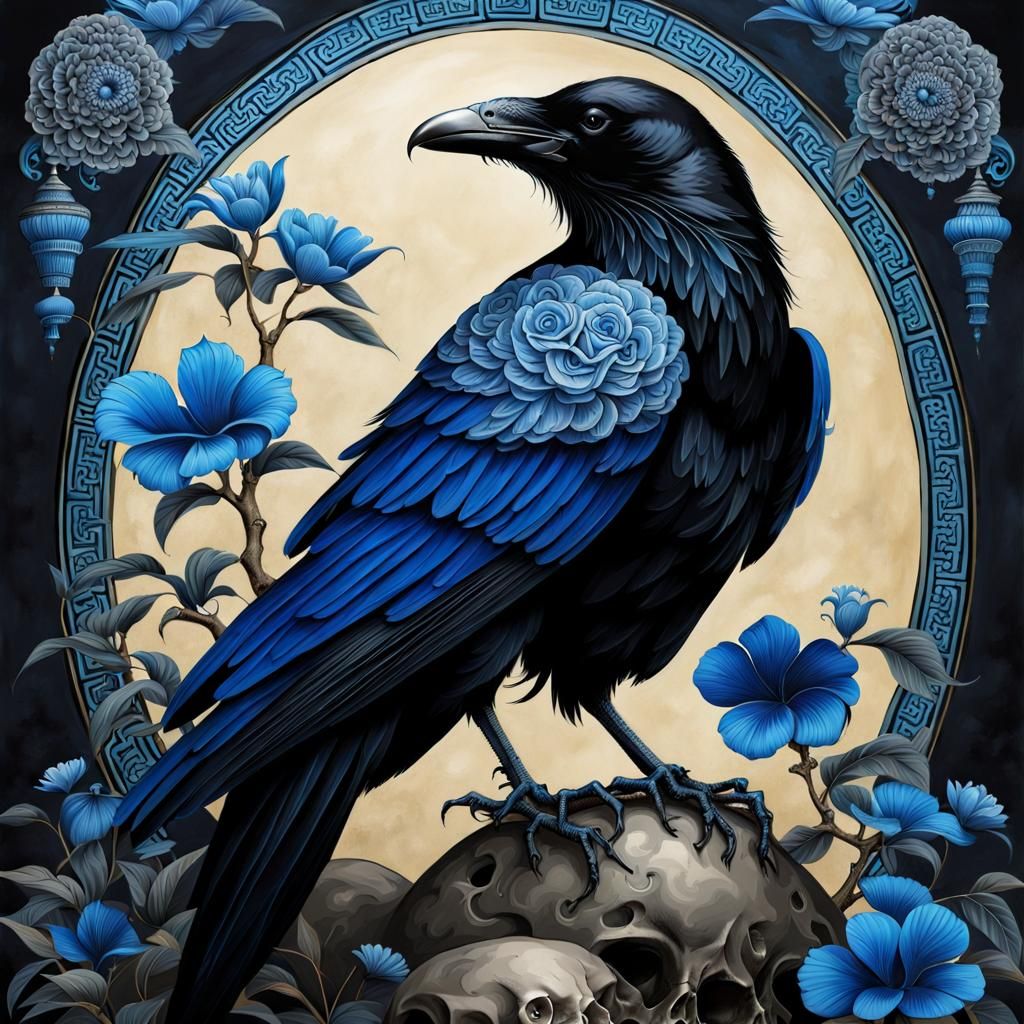 Crow on Skull: Detailed Asian Fantasy Painting