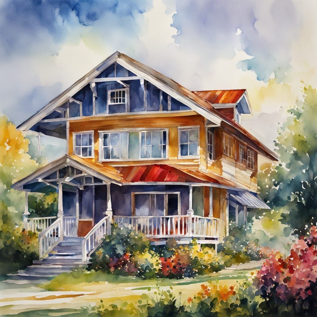 Watercolor House Scene with a Lark in Flight