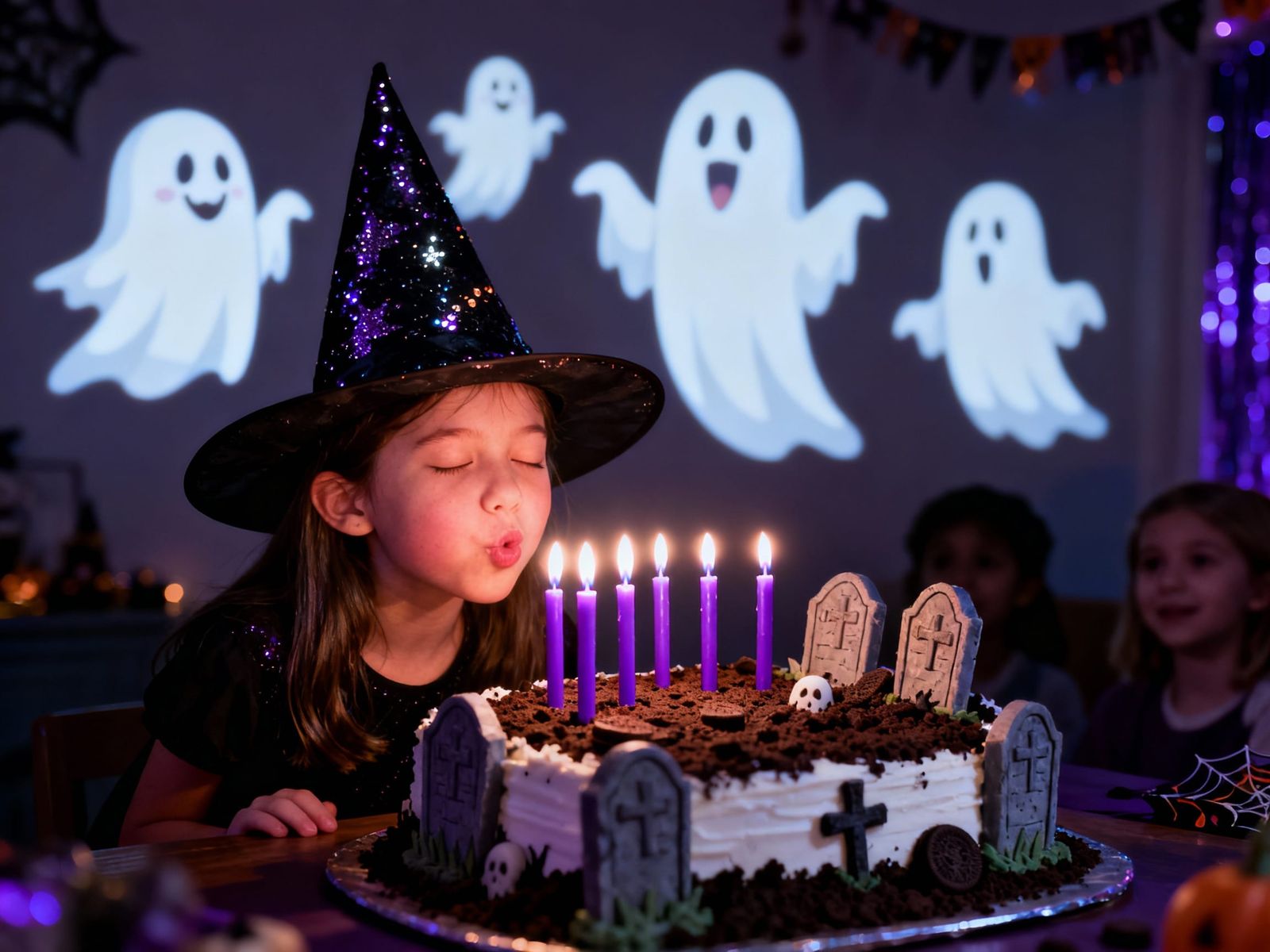 Joyful Birthday Girl Blows Out Candles on Graveyard Cake