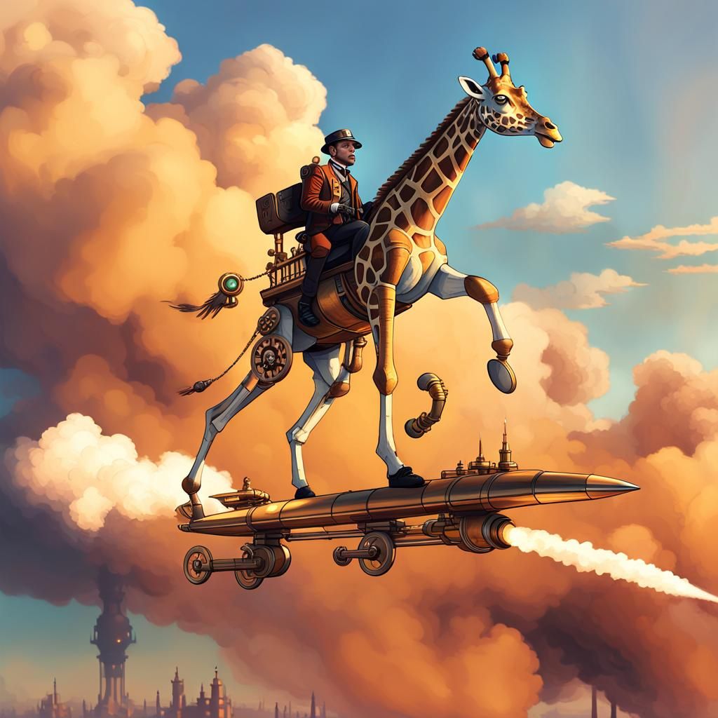 Steampunk Giraffe Surfs Steam-Powered Rocket in Retro-Futuri...