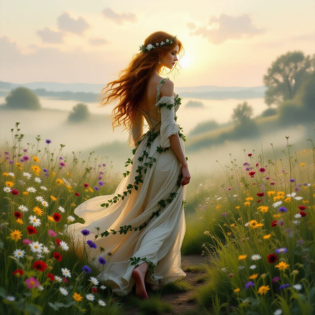 Woman in Meadow, Pre-Raphaelite Style