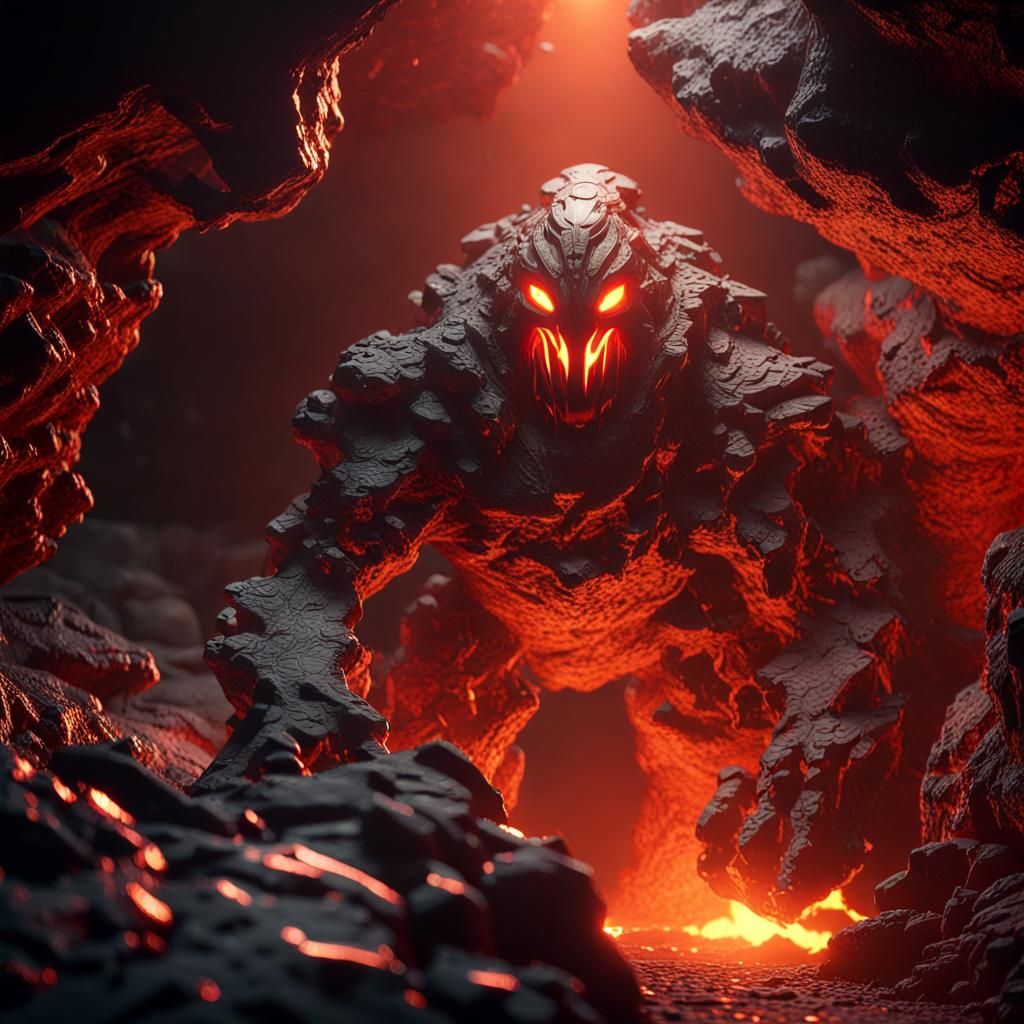 Giant Lava Monster Climbs in Dark Cave, Sci-Fi Style
