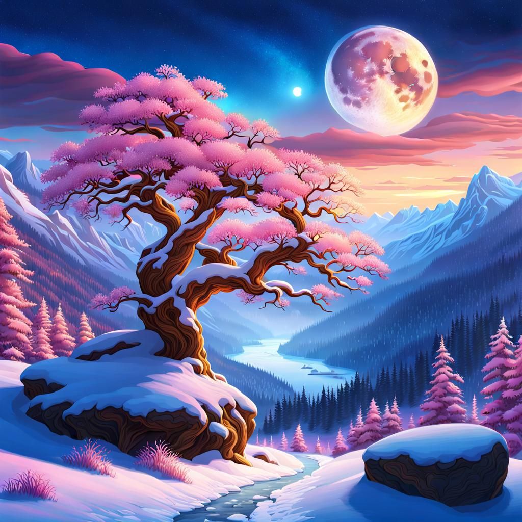 Enchanted Winter River Valley at Golden Hour