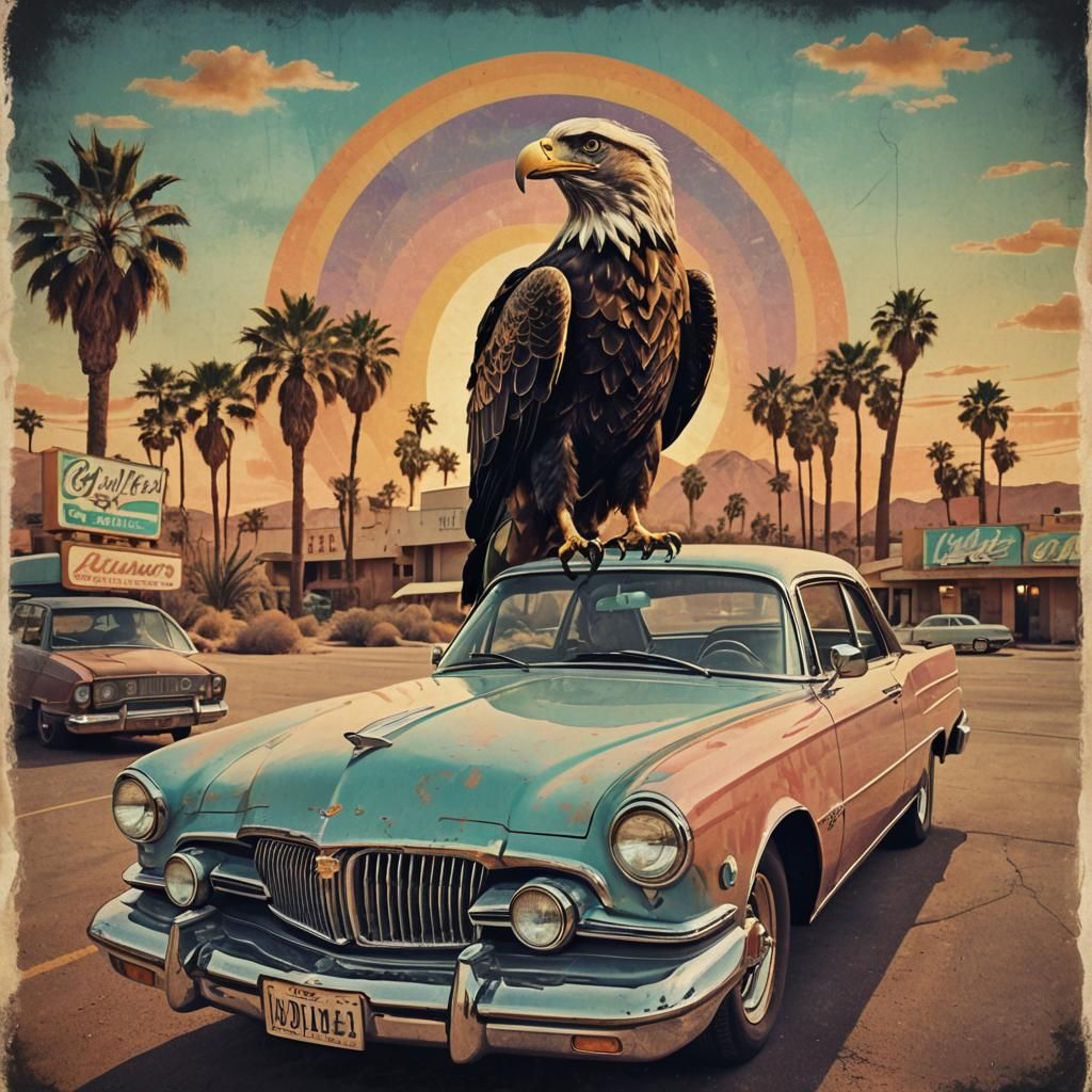 Psychedelic Eagle Poster Art on Desert Highway