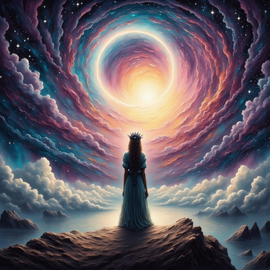 Ethereal Figure Gazes at Swirling Nebula in Watercolor Reali...