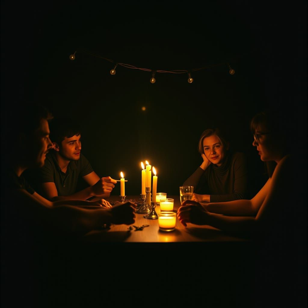 Friends Gathered in Warm Candlelight, Playing Parchis in the...