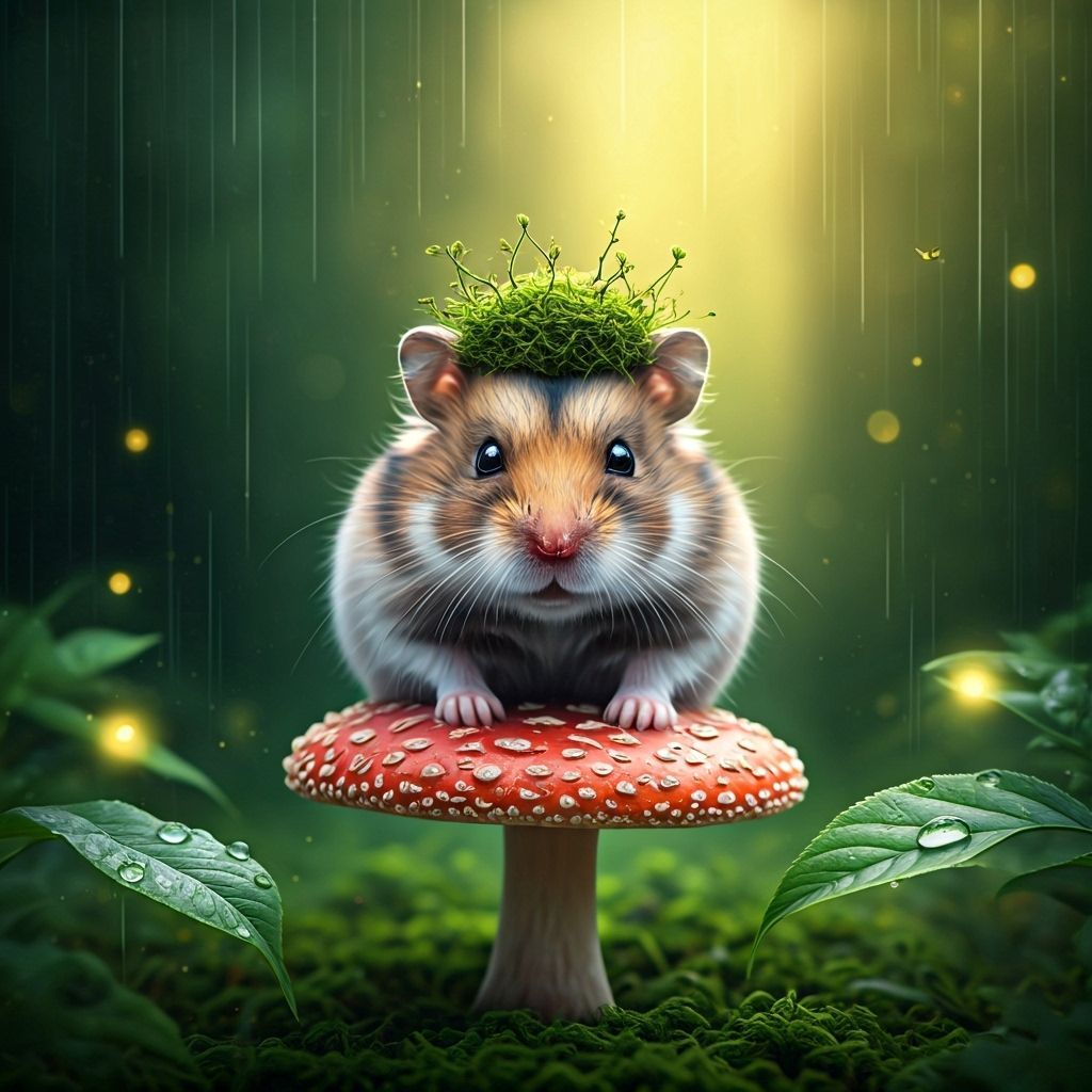 A photorealistic, magical image of a tiny baby hamster weari...