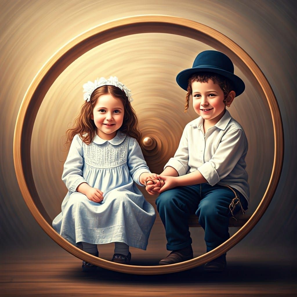 Joyful Ultra-Orthodox Children on a Vibrant Dreidel Wheel