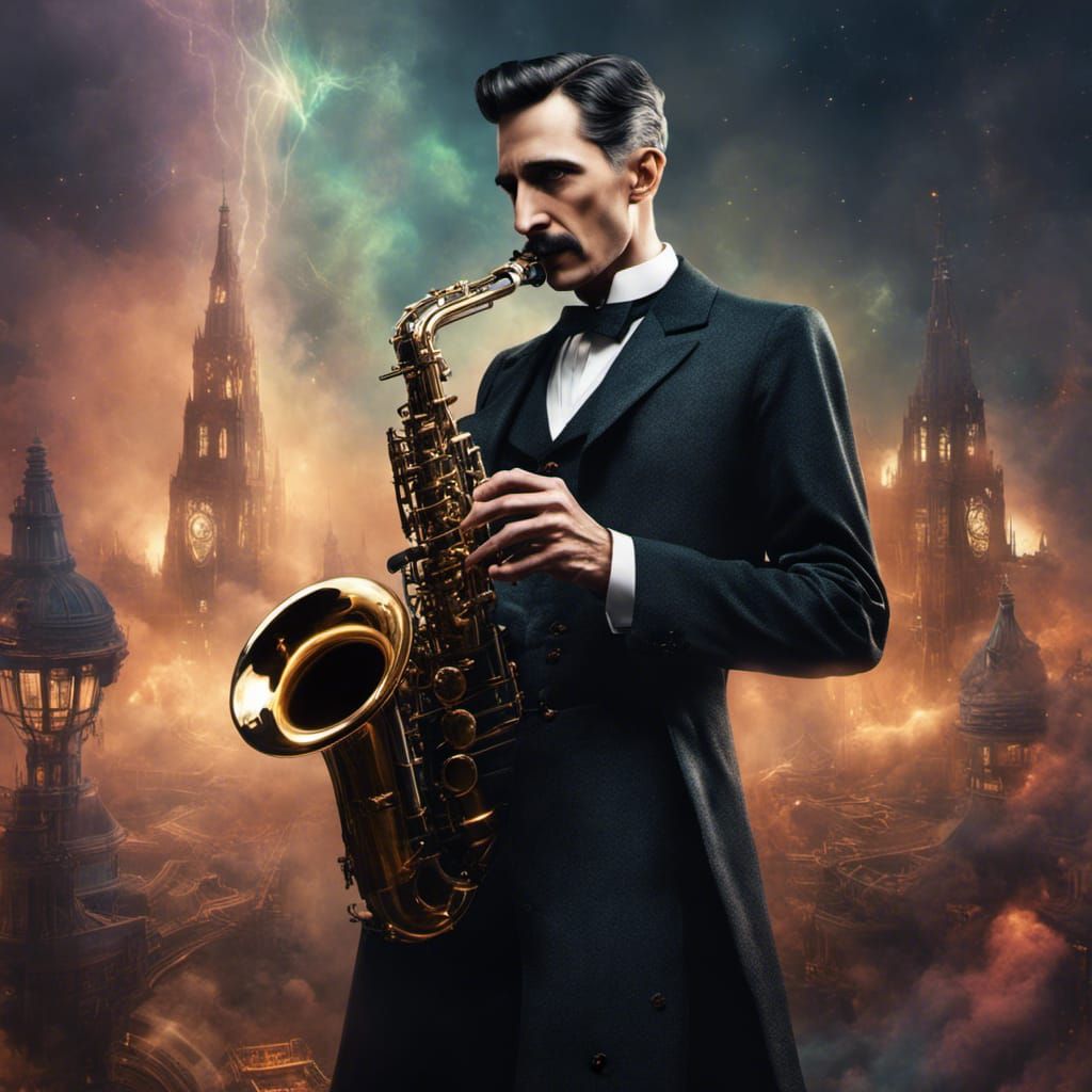 Nikola Tesla playing the saxophone