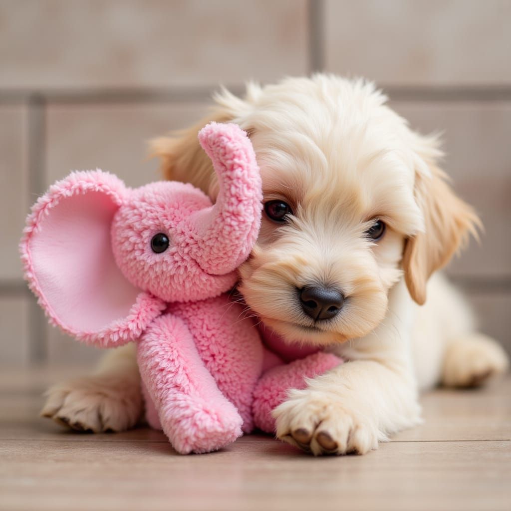 puppy with pink elephant chew toy
