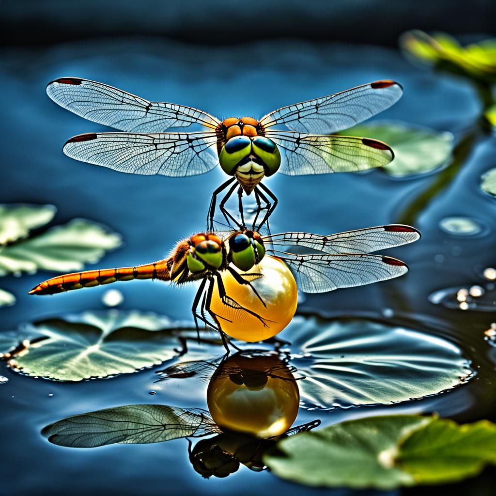 Pearl Reflecting Dragonflies: Hyperrealistic 64MP Image