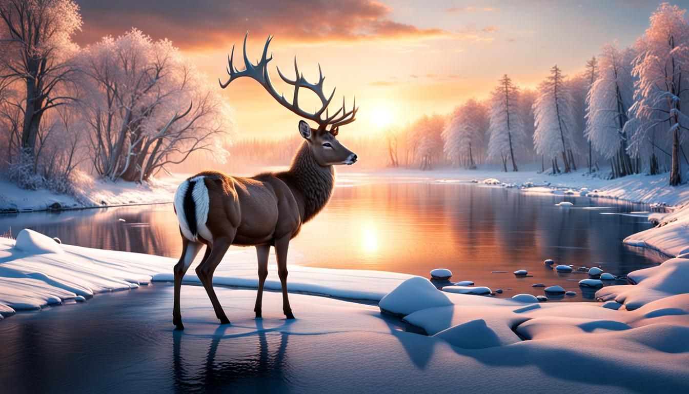 Majestic Deer in Winter Wonderland at Sunset