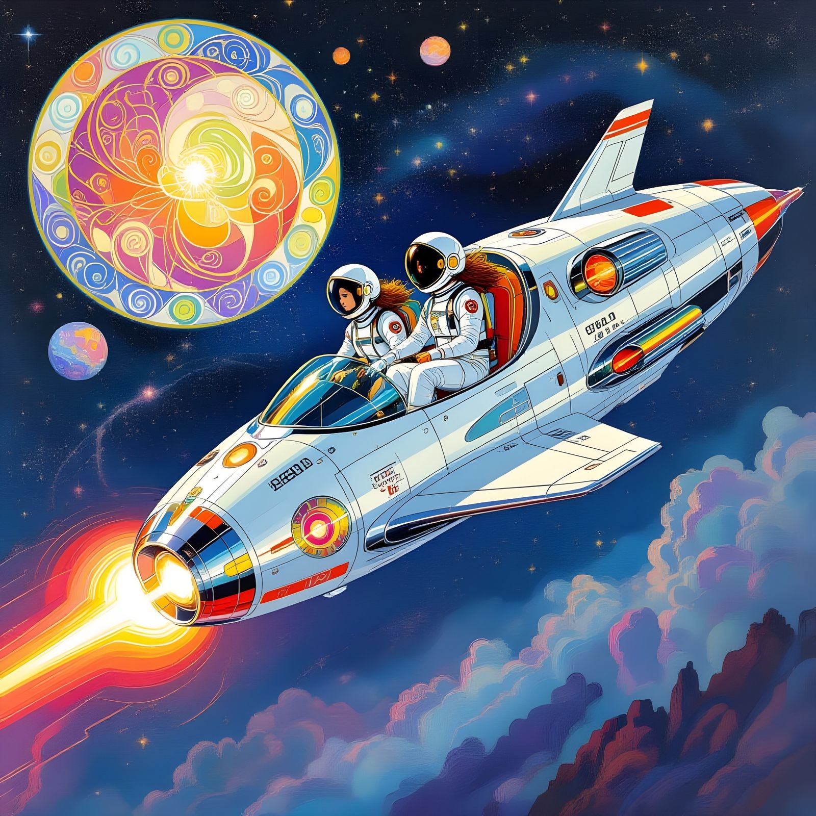 Glamorous Rocket Ship on Magical Planet: Mixed Media Art